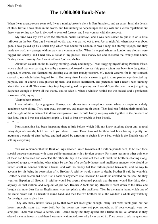 《百万英镑》中英双语版PDF下载|马克·吐温经典小说完整译本