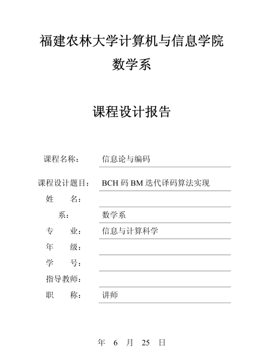 BCH码BM迭代译码算法课程设计报告PDF|2025最新纠错编码实现方案